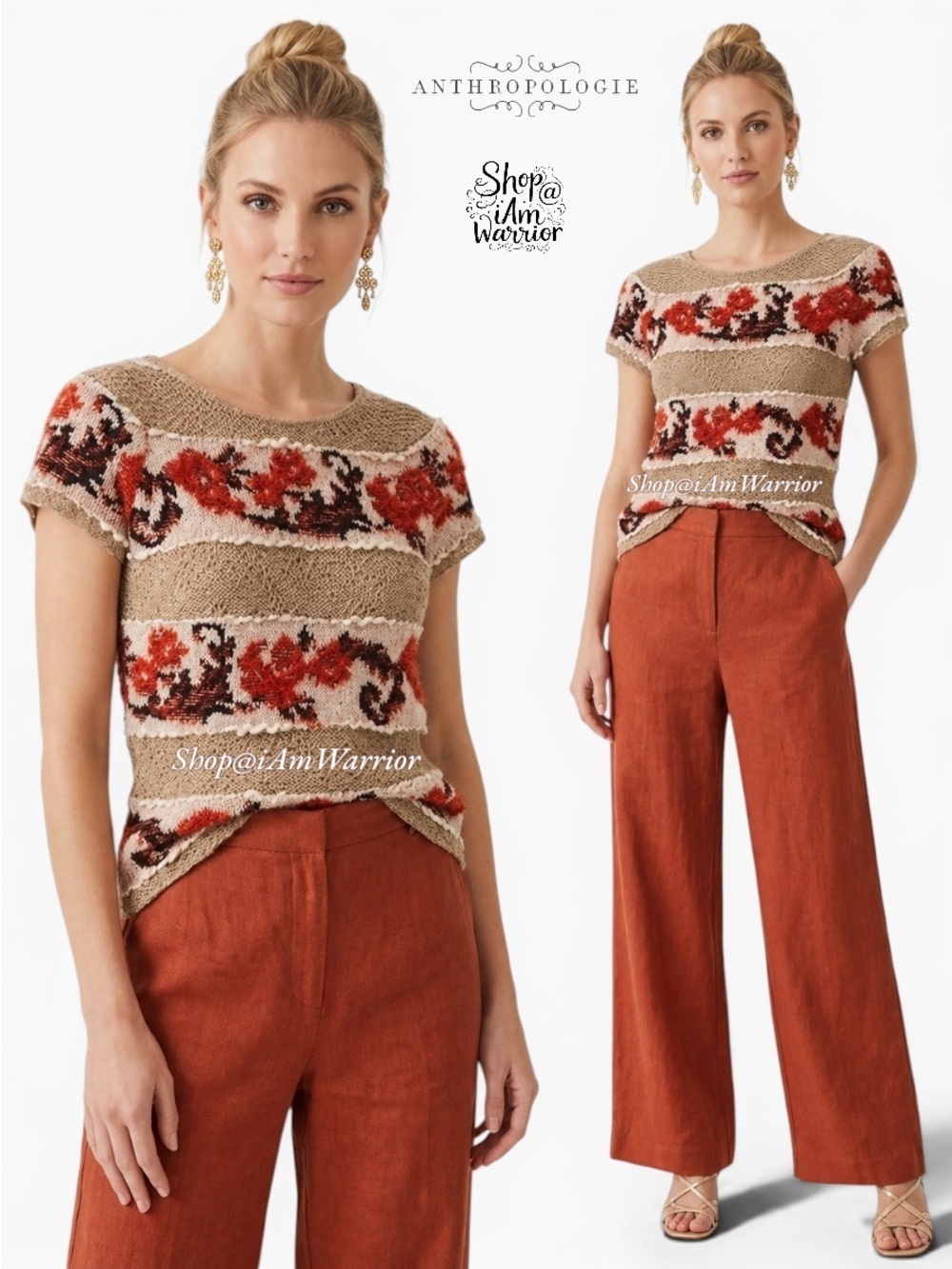 Anthropologie Knitted & Knotted striped floral short sleeve sweater